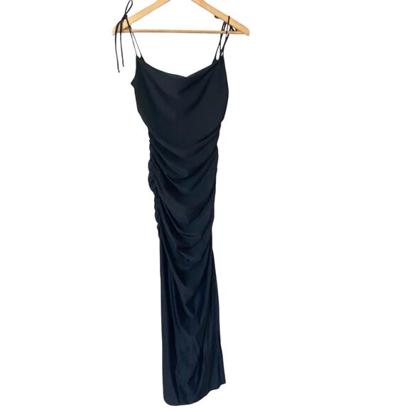 GOOD AMERICAN Ruched Satin Slip Maxi Dress Black, Size 2/Medium - Picture 5 of 16